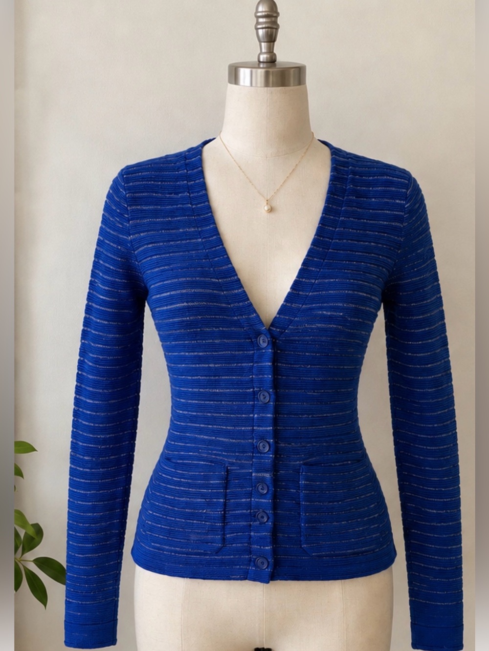 Missoni Italian Luxury Blue Silver Lurex Knit Cardigan Sweater Pockets Size XS/S